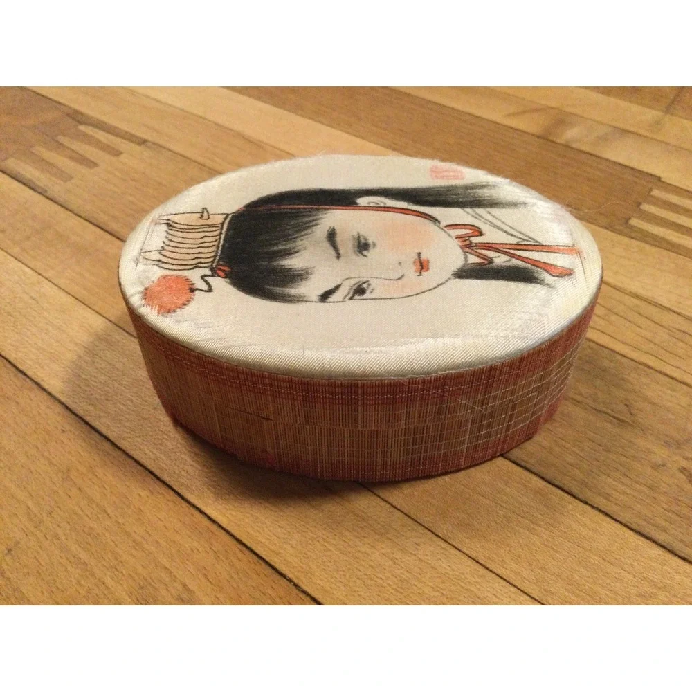 Vintage Japanese Hand Painted On Silk Jewelry Trinket Box